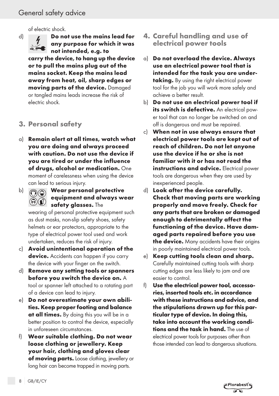 General safety advice, Personal safety, Careful handling and use of electrical power tools | Florabest PRC 9.6 User Manual | Page 6 / 10