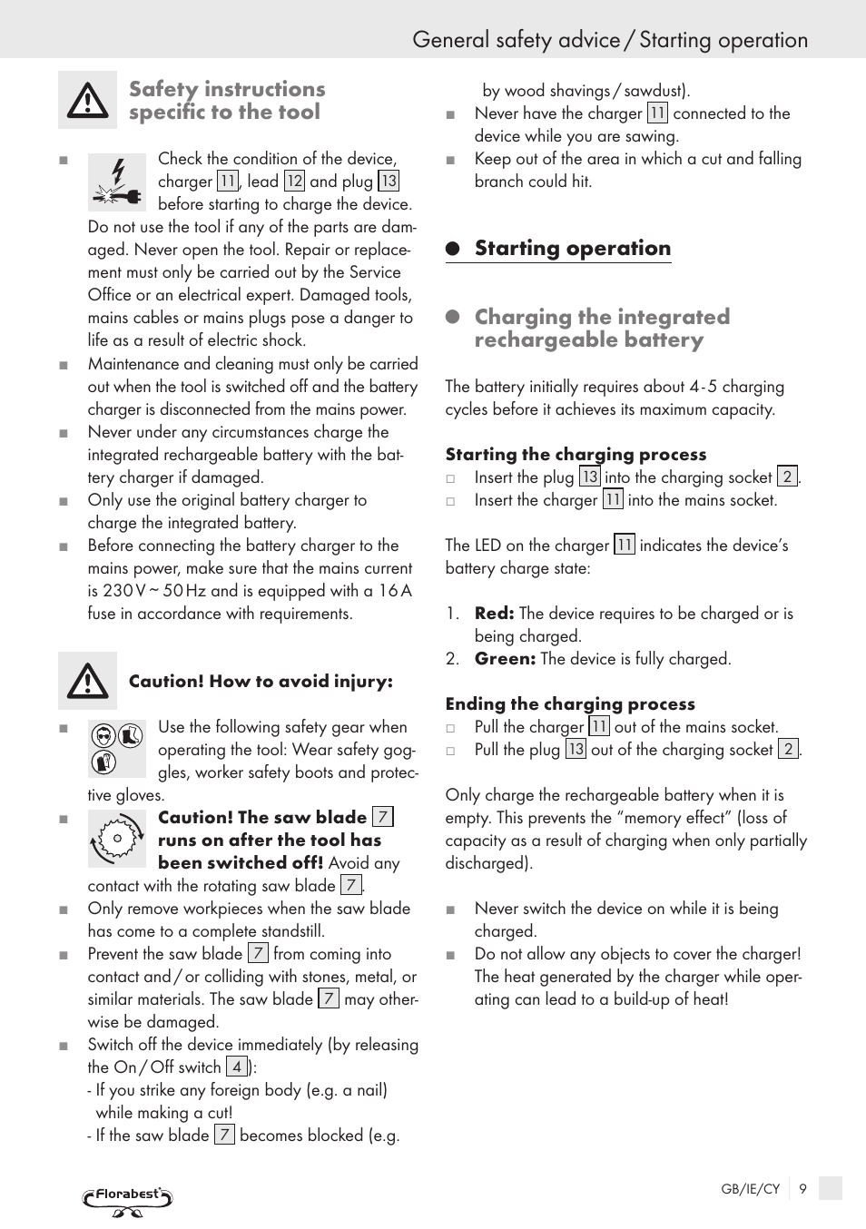 General safety advice / starting operation, Safety instructions specific to the tool, Starting operation | Charging the integrated rechargeable battery | Florabest PRC 9.6 User Manual | Page 7 / 10