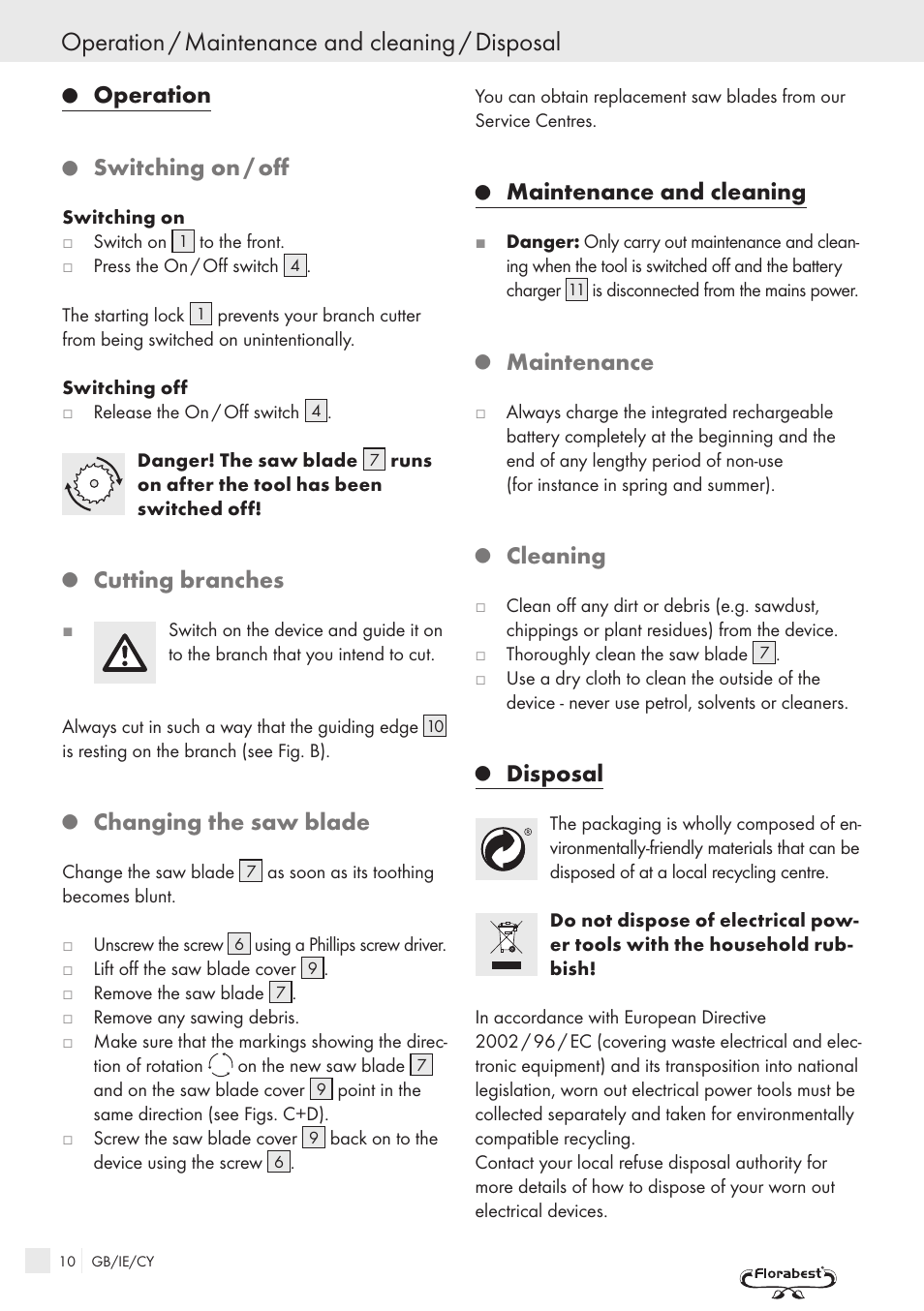 Operation / maintenance and cleaning / disposal, Operation, Switching on / off | Cutting branches, Changing the saw blade, Maintenance and cleaning, Maintenance, Cleaning, Disposal | Florabest PRC 9.6 User Manual | Page 8 / 10