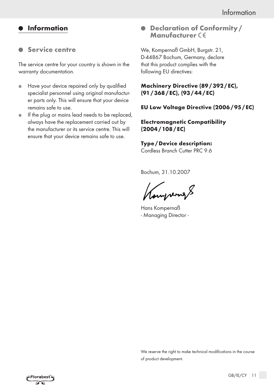 Information, Service centre, Declaration of conformity / manufacturer | Florabest PRC 9.6 User Manual | Page 9 / 10