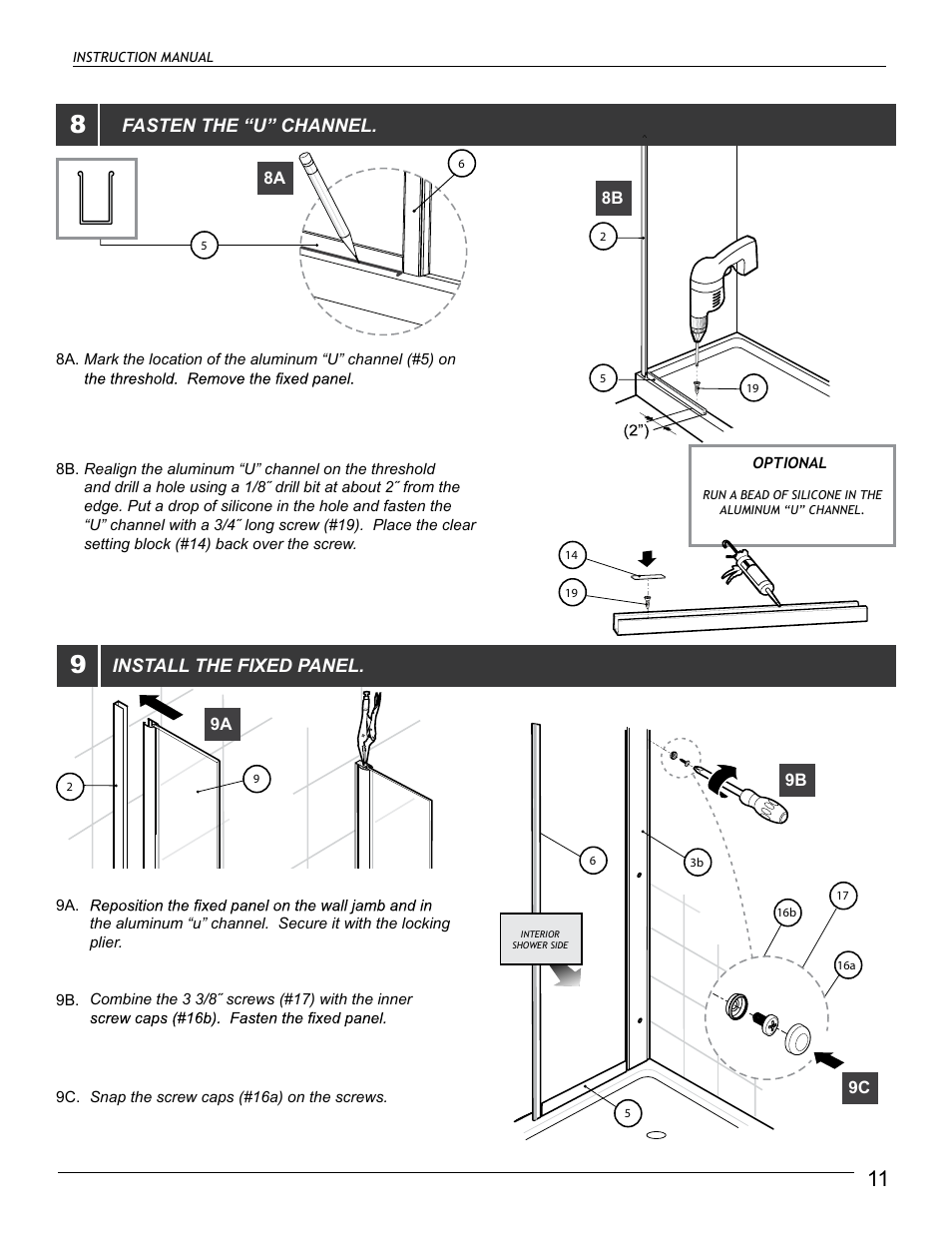 Fasten the “u” channel, Install the fixed panel | Alumax M-92X User Manual | Page 12 / 16