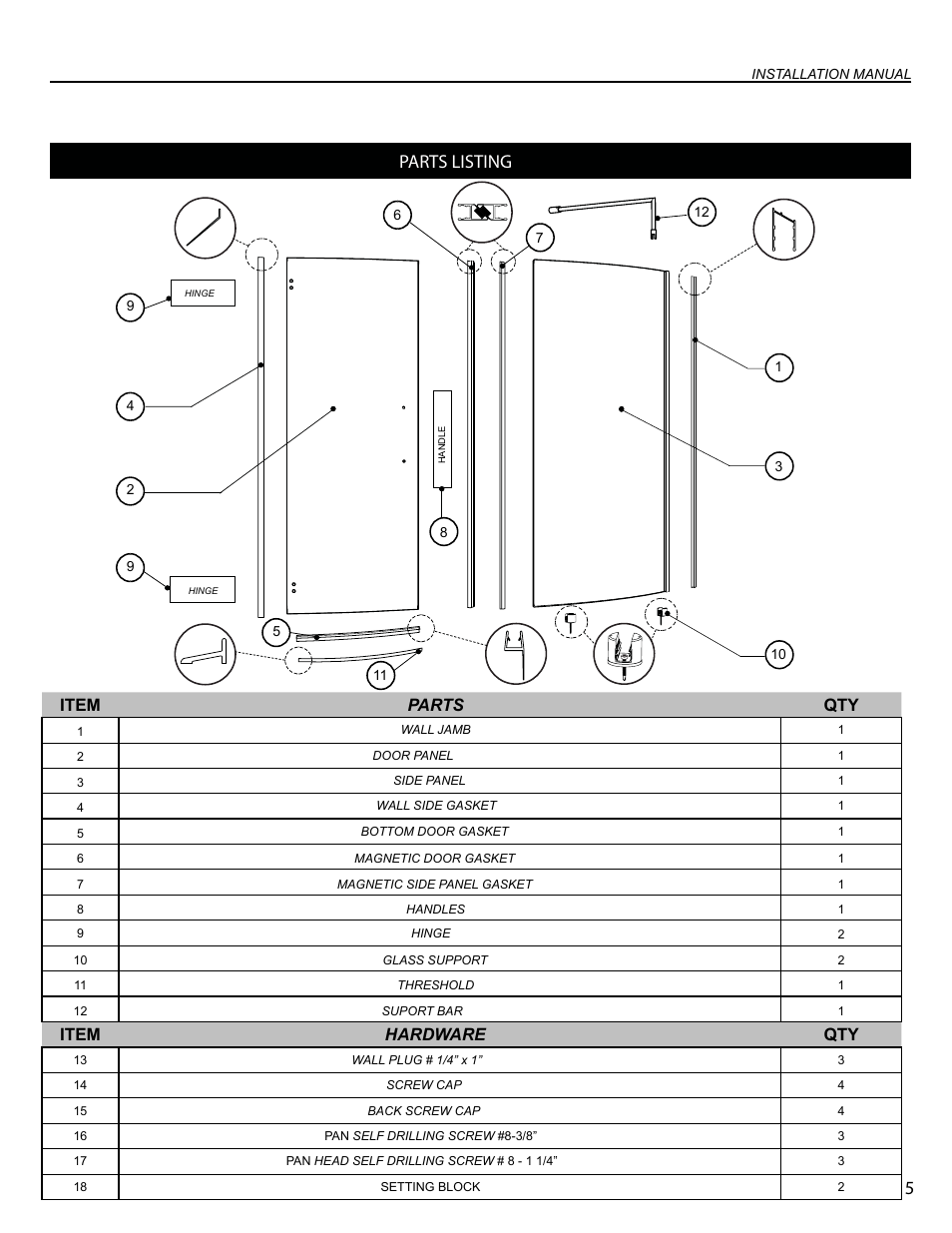 Parts listing, Item parts qty, Item hardware qty | Alumax M-CDPY-66 User Manual | Page 5 / 20