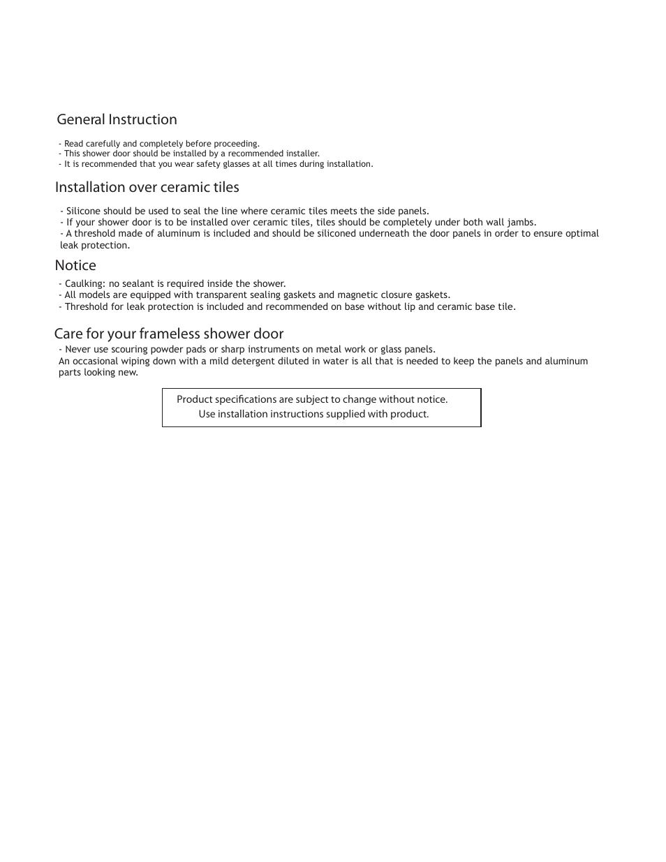 Notice installation over ceramic tiles, Care for your frameless shower door, General instruction | Alumax M-PD91X User Manual | Page 2 / 12