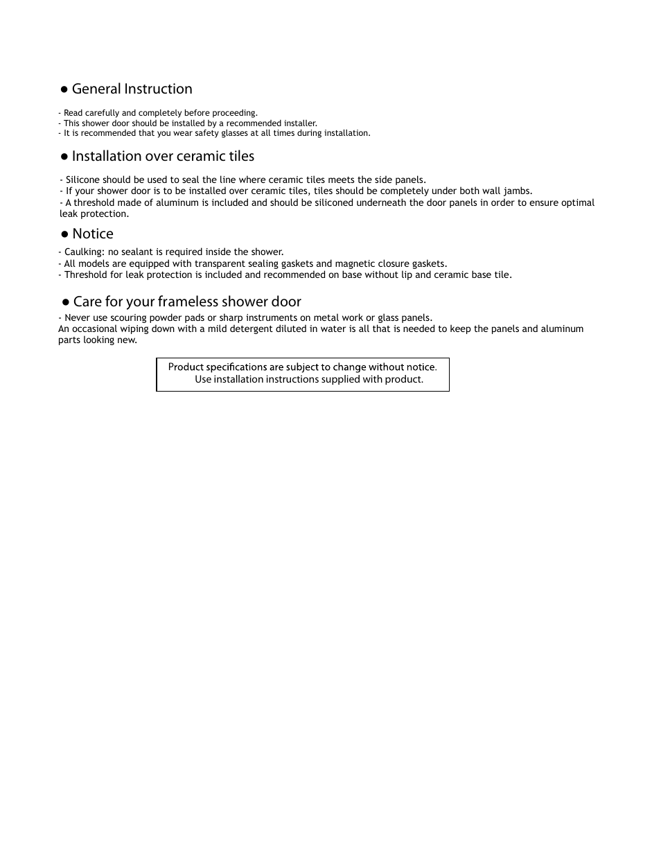 Notice ● installation over ceramic tiles, Care for your frameless shower door, General instruction | Alumax M-PDP95X User Manual | Page 2 / 12