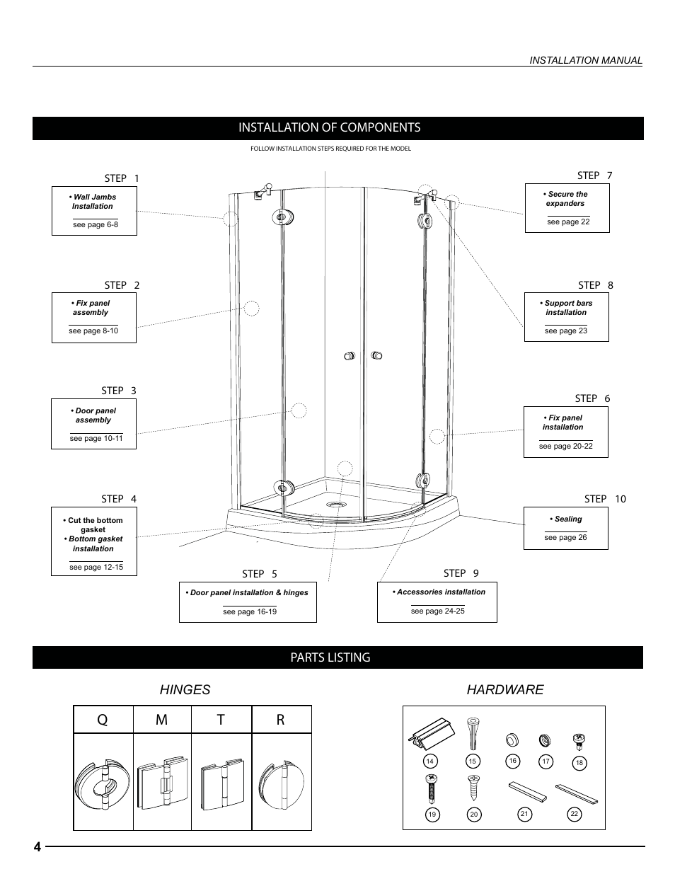 Qm t r, Installation of components, Hardware | Parts listing, Hinges | Alumax M-R94Z User Manual | Page 4 / 26