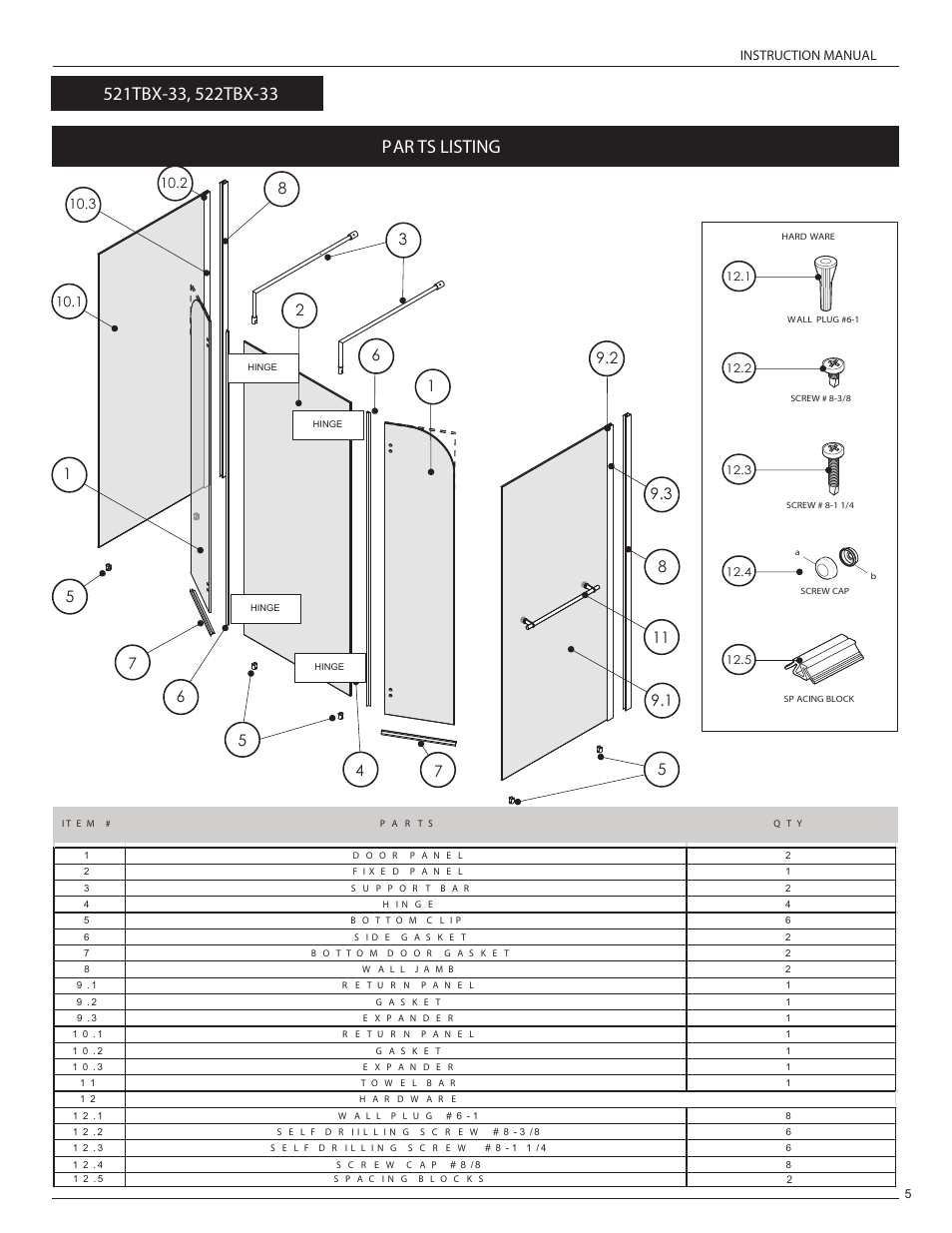 Par ts listing, Instruction manual | Alumax L-522 User Manual | Page 10 / 22