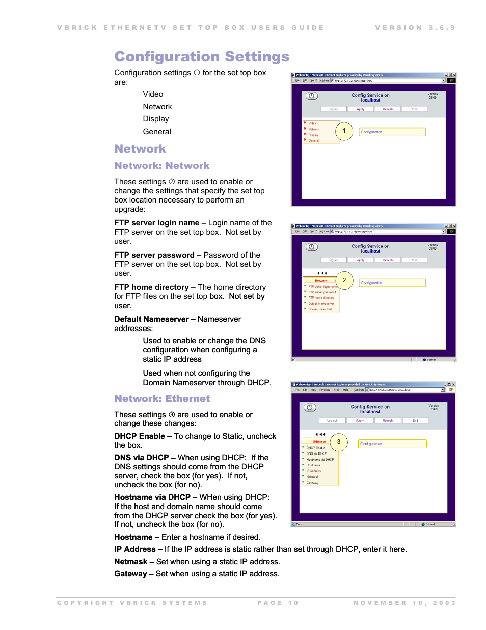 Configuration settings, Network, Network: network | Network: ethernet, Onfiguration, Ettings | Beaumont Products MPEG - 4 User Manual | Page 10 / 30