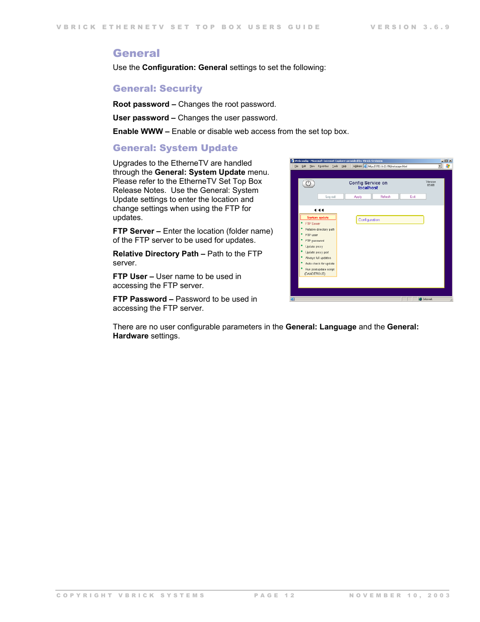 General, General: security, General: system update | Beaumont Products MPEG - 4 User Manual | Page 12 / 30