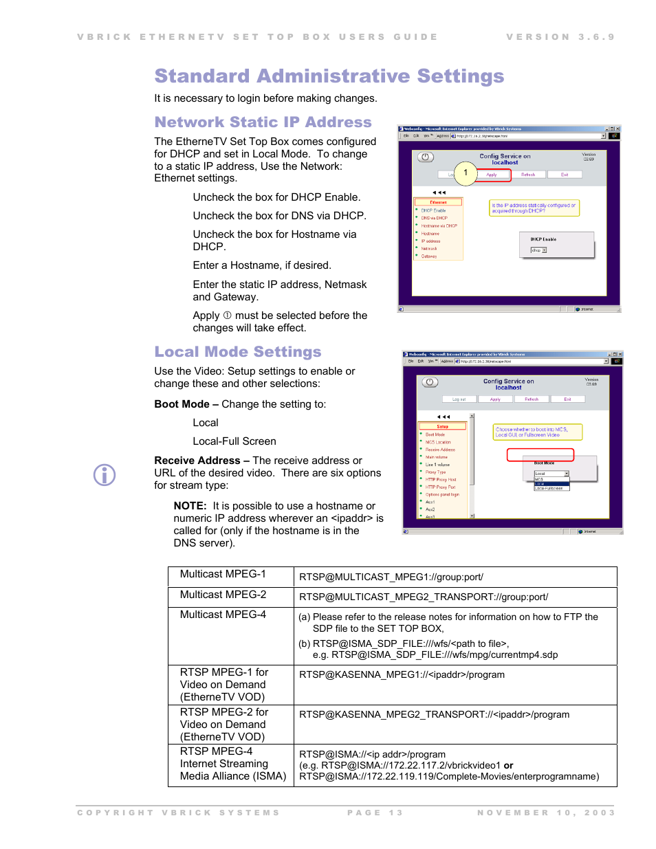 Standard administrative settings, Network static ip address, Local mode settings | Tandard, Dministrative, Ettings | Beaumont Products MPEG - 4 User Manual | Page 13 / 30