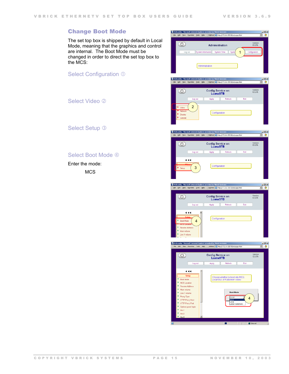 Change boot mode, Select configuration, Select video | Select setup, Select boot mode | Beaumont Products MPEG - 4 User Manual | Page 15 / 30