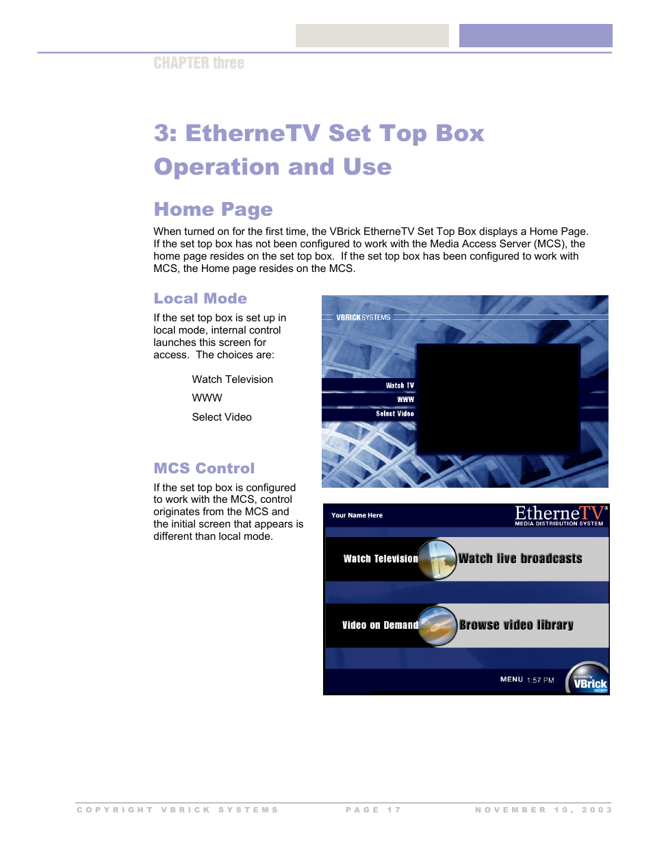 Local mode, Mcs control, Ethernetv set top box operation and use | Home page, Chapter three | Beaumont Products MPEG - 4 User Manual | Page 17 / 30