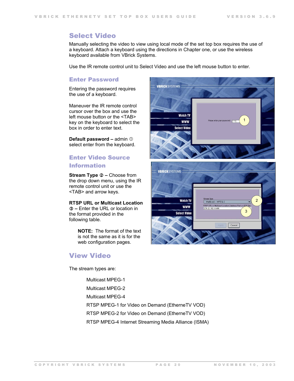 Select video, Enter password, Enter video source information | View video | Beaumont Products MPEG - 4 User Manual | Page 20 / 30