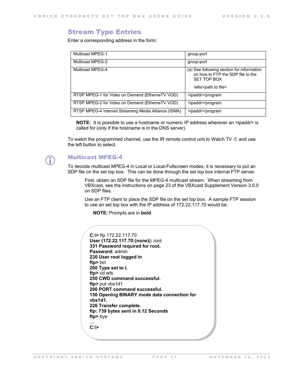 Stream type entries, Multicast mpeg-4, Multicast mpeg4 | Beaumont Products MPEG - 4 User Manual | Page 21 / 30