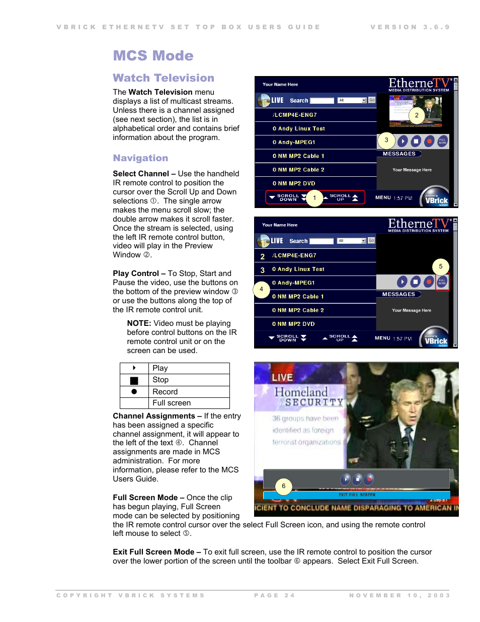 Mcs mode, Watch television, Navigation | Mcs m | Beaumont Products MPEG - 4 User Manual | Page 24 / 30