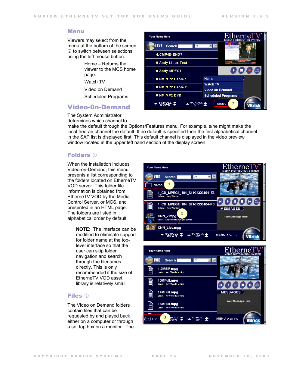 Menu, Video-0n-demand, Folders | Files, Folders c, Files d | Beaumont Products MPEG - 4 User Manual | Page 26 / 30