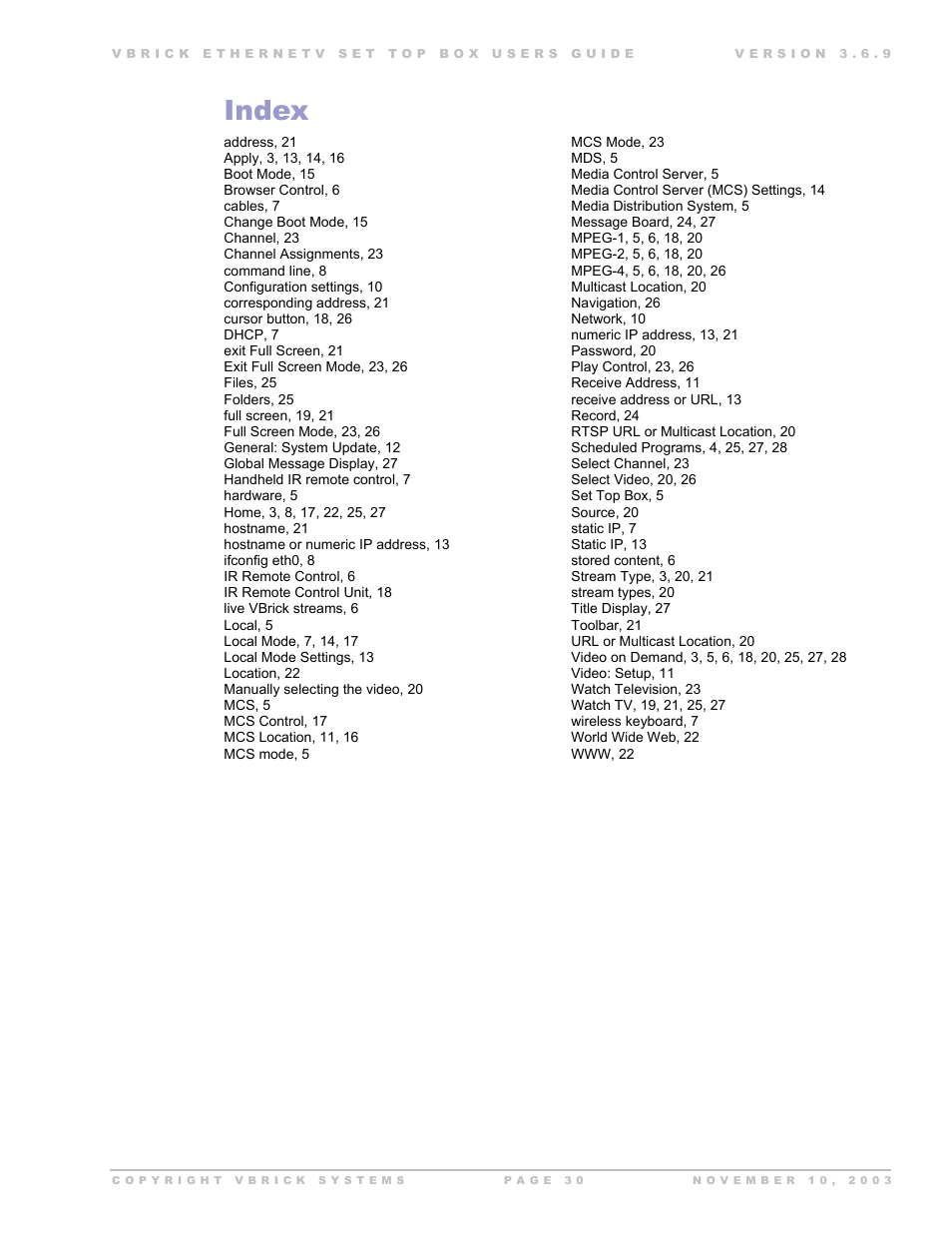 Index, Ndex | Beaumont Products MPEG - 4 User Manual | Page 30 / 30