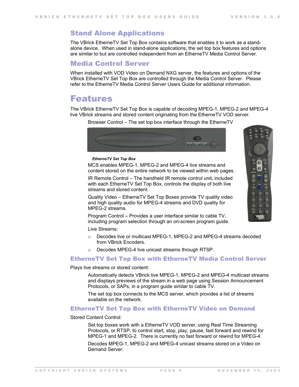 Stand alone applications, Media control server, Features | Eatures | Beaumont Products MPEG - 4 User Manual | Page 6 / 30