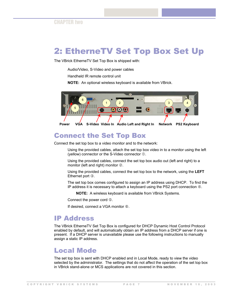 Connect the set top box, Ip address, Local mode | Ethernetv set top box set up, Onnect the, Ip a, Ddress, Ocal, Chapter two | Beaumont Products MPEG - 4 User Manual | Page 7 / 30