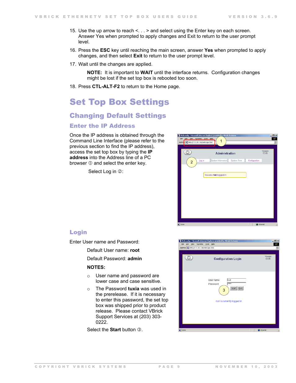 Set top box settings, Changing default settings, Enter the ip address | Login, Ettings | Beaumont Products MPEG - 4 User Manual | Page 9 / 30