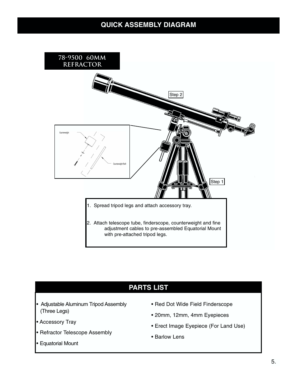 Parts list quick assembly diagram | Bushnell 78-9500 User Manual | Page 5 / 12