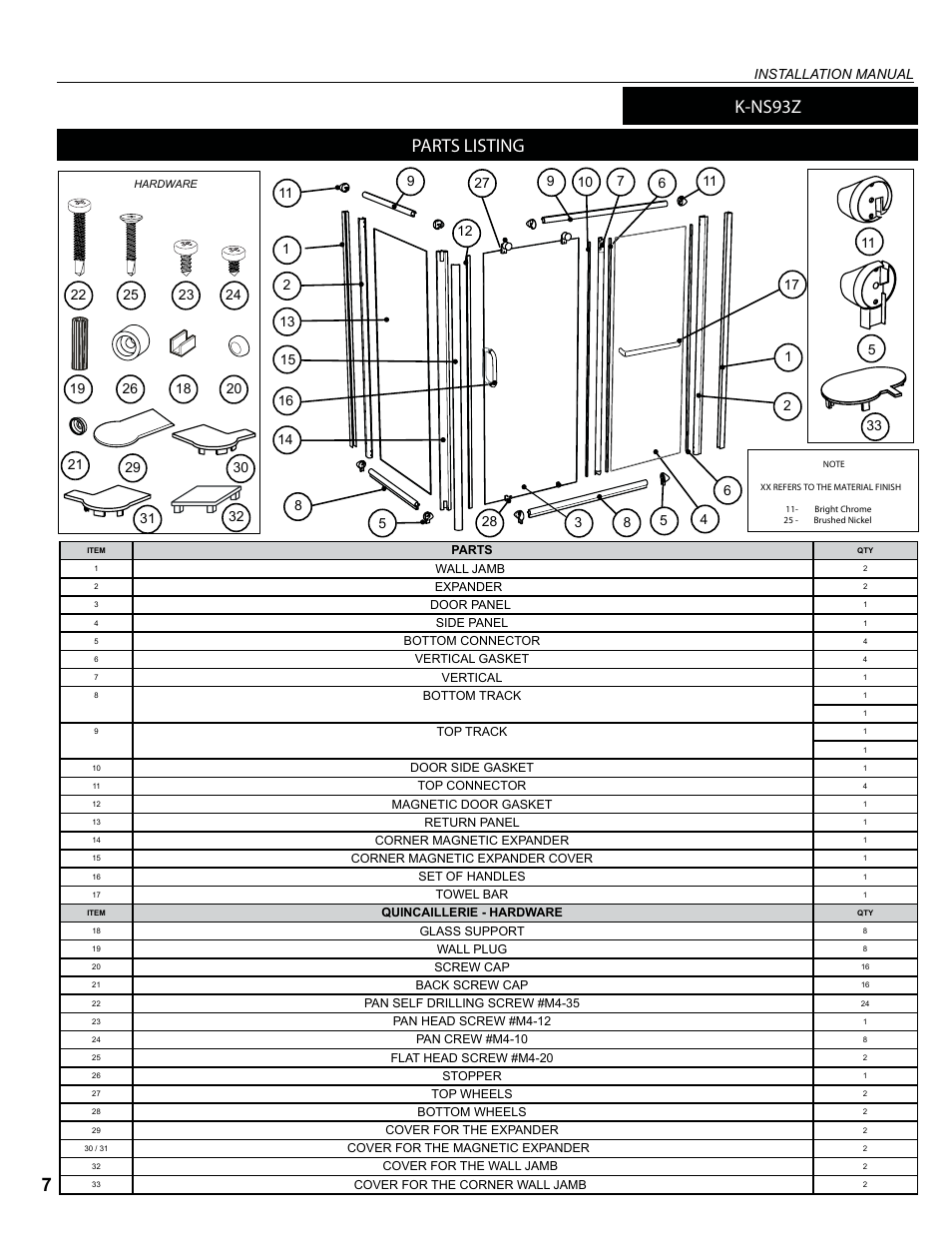 Parts listing, K-ns93z, Installation manual | Alumax K-NS93Z User Manual | Page 7 / 23