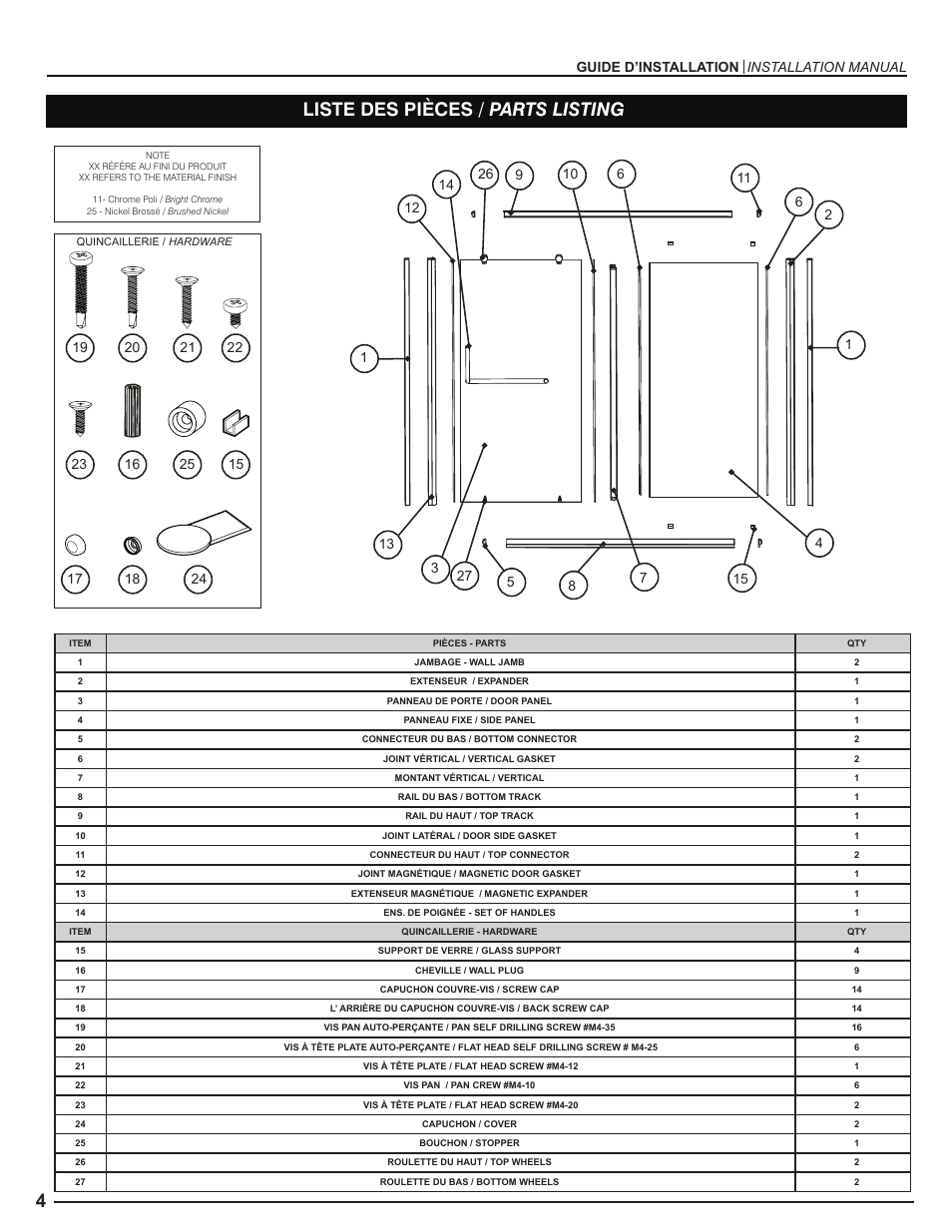 Liste des pièces / parts listing, Guide d’installation installation manual | Alumax K-NS91Z User Manual | Page 4 / 38