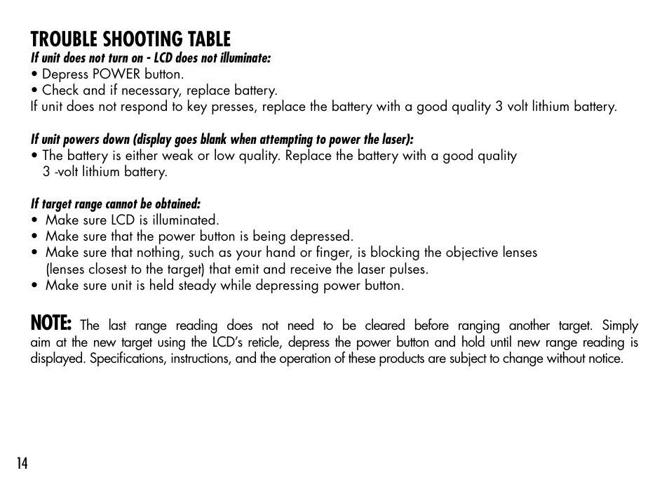 Trouble shooting table | Bushnell TOURV2 201929 User Manual | Page 14 / 96
