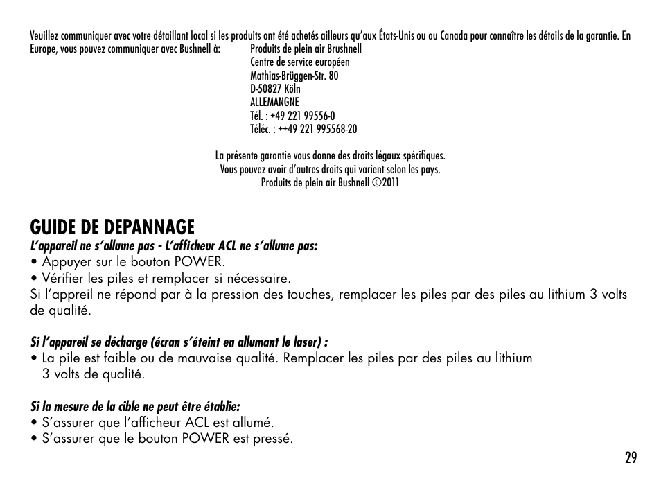Guide de depannage | Bushnell TOURV2 201929 User Manual | Page 29 / 96