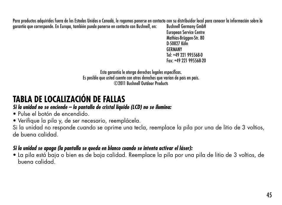 Tabla de localización de fallas | Bushnell TOURV2 201929 User Manual | Page 45 / 96