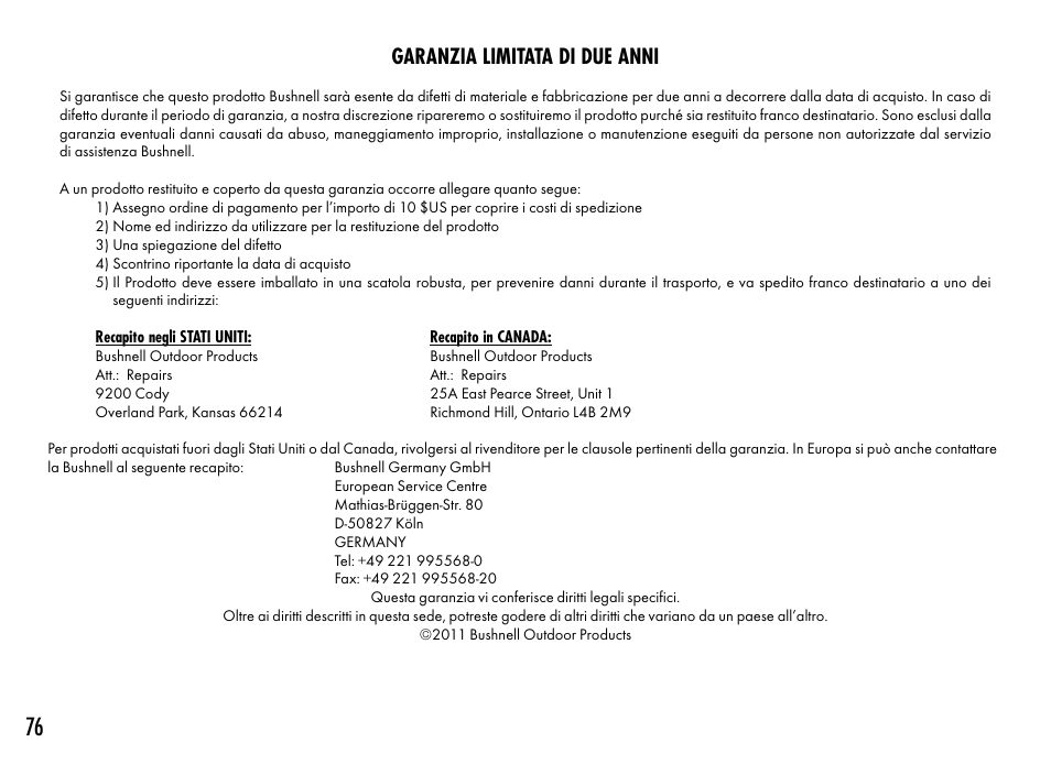Garanzia limitata di due anni | Bushnell TOURV2 201929 User Manual | Page 76 / 96