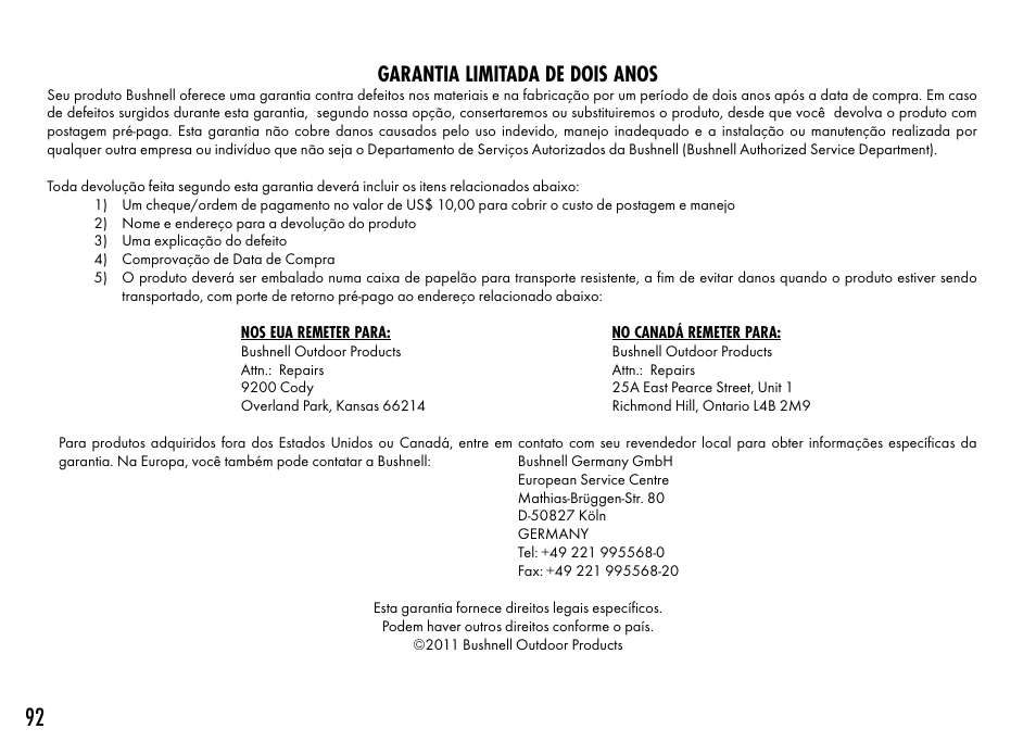 Garantia limitada de dois anos | Bushnell TOURV2 201929 User Manual | Page 92 / 96