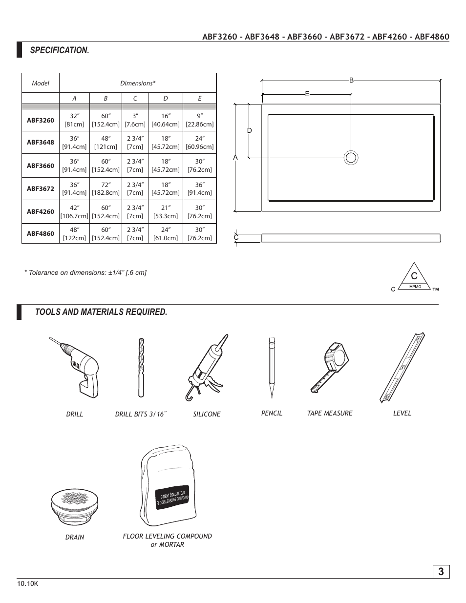 Specification, Tools and materials required | Alumax ABF Series User Manual | Page 3 / 8