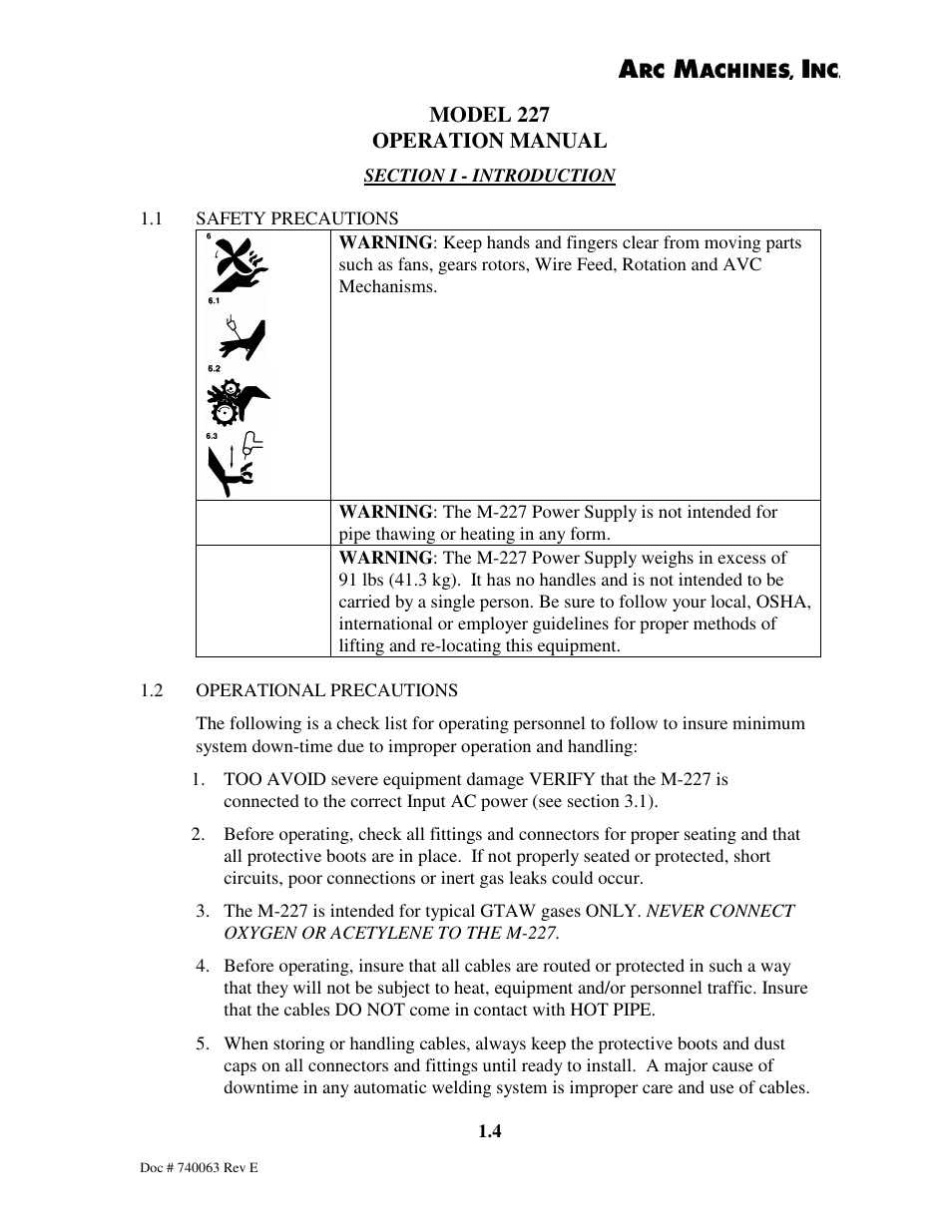 Model 227 operation manual | Arc Machines 227 User Manual | Page 10 / 86