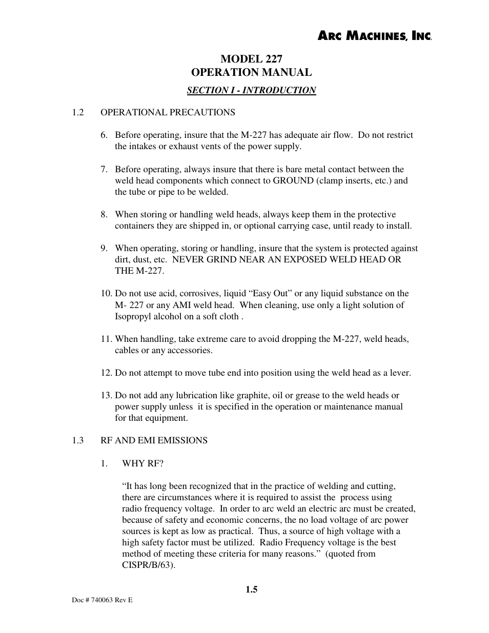 Arc Machines 227 User Manual | Page 11 / 86