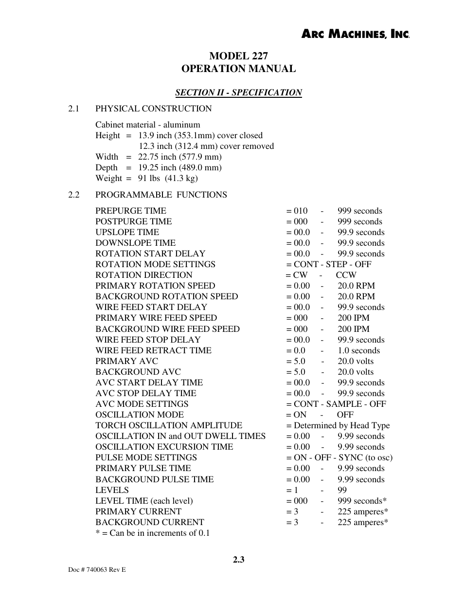 Arc Machines 227 User Manual | Page 17 / 86