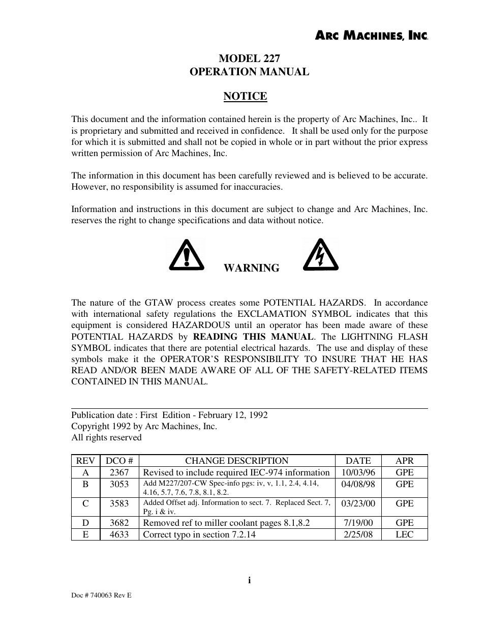 Arc Machines 227 User Manual | Page 2 / 86