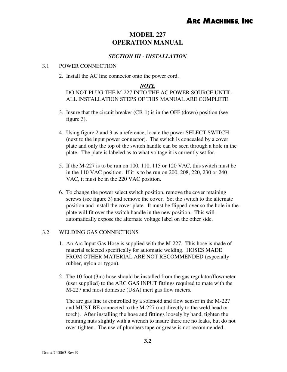 Model 227 operation manual | Arc Machines 227 User Manual | Page 20 / 86