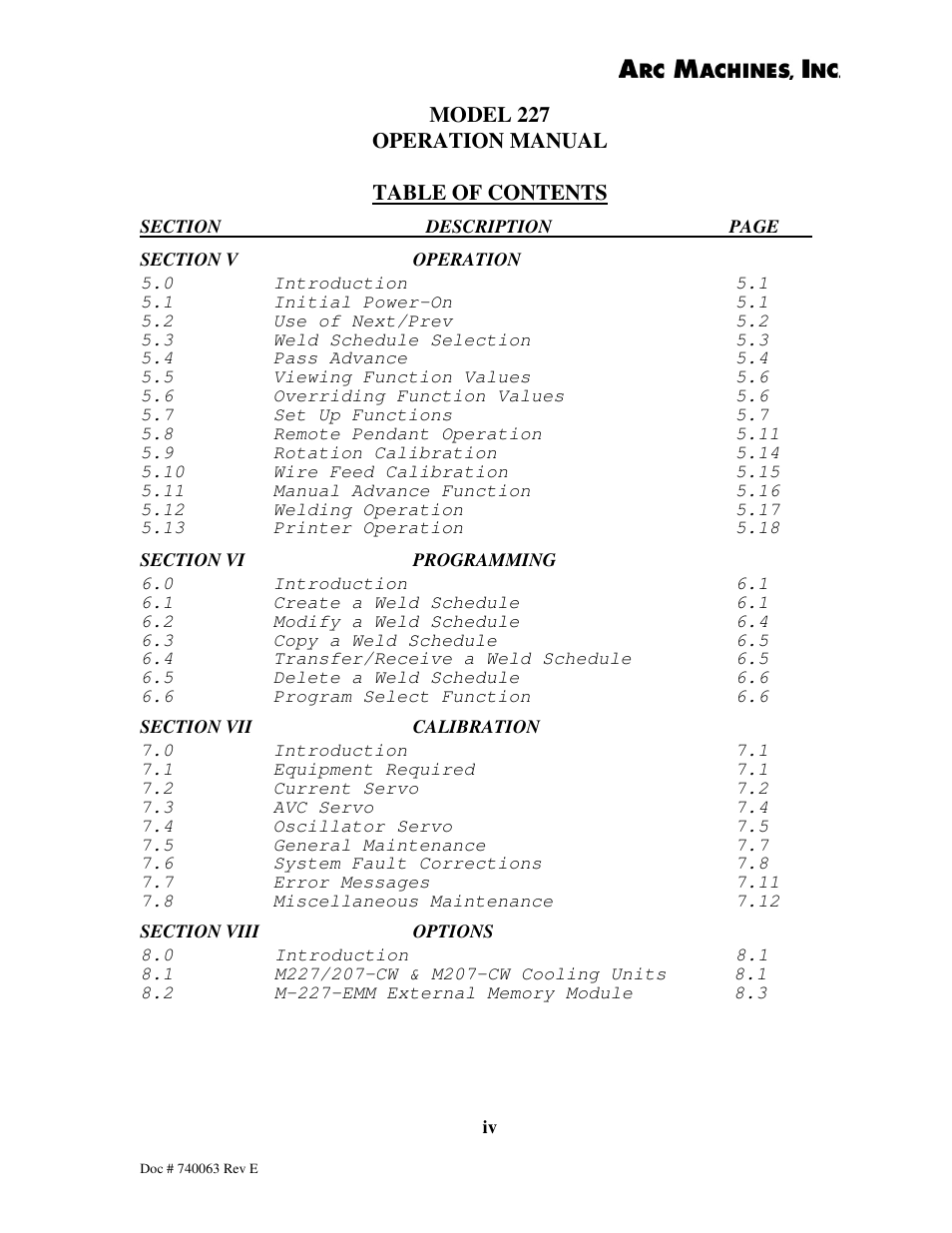 Arc Machines 227 User Manual | Page 5 / 86