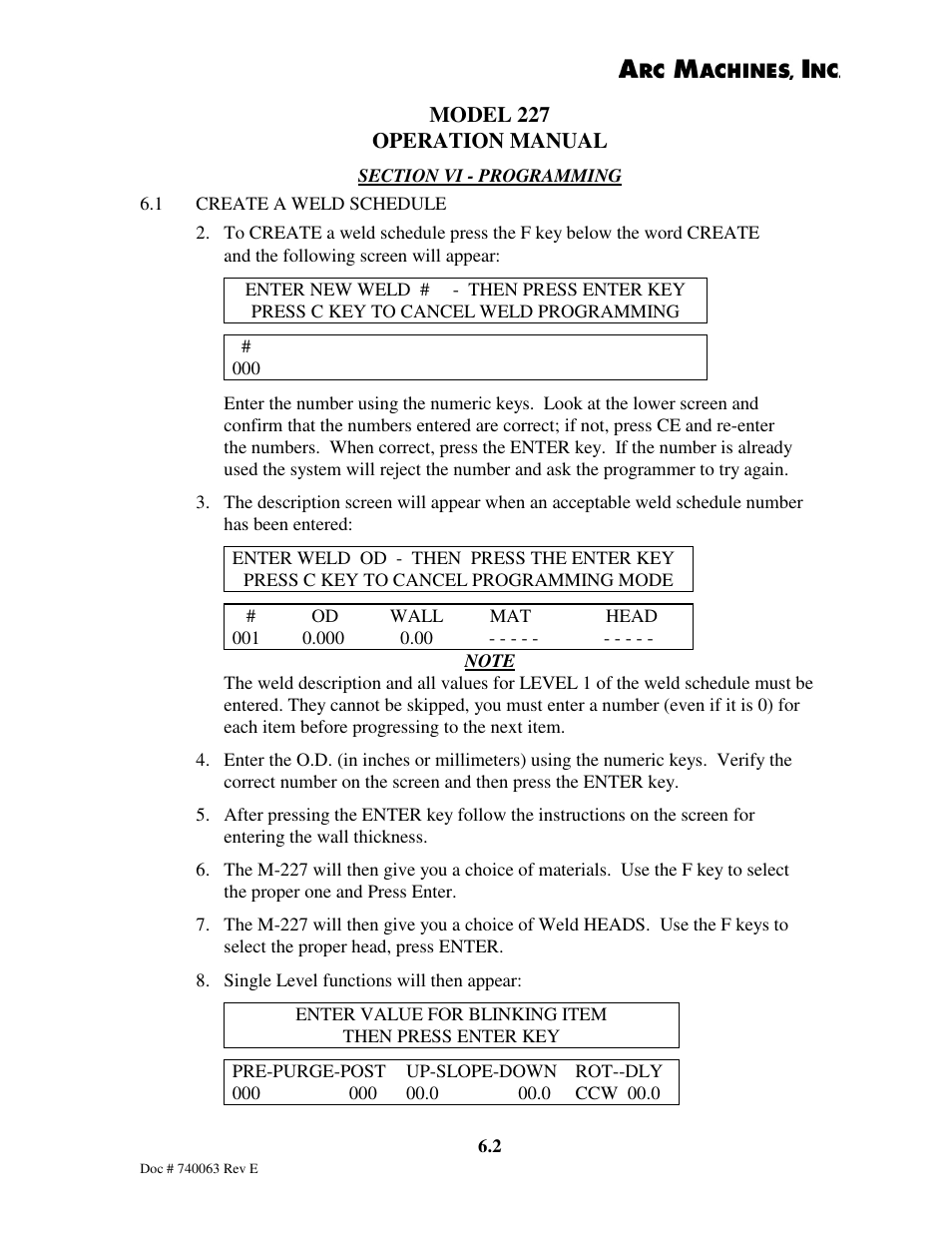 Model 227 operation manual | Arc Machines 227 User Manual | Page 65 / 86