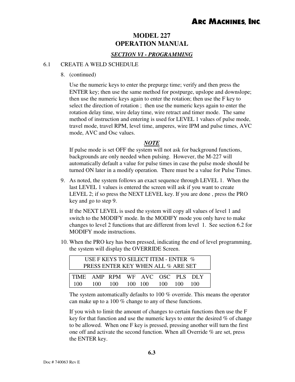 Model 227 operation manual | Arc Machines 227 User Manual | Page 66 / 86