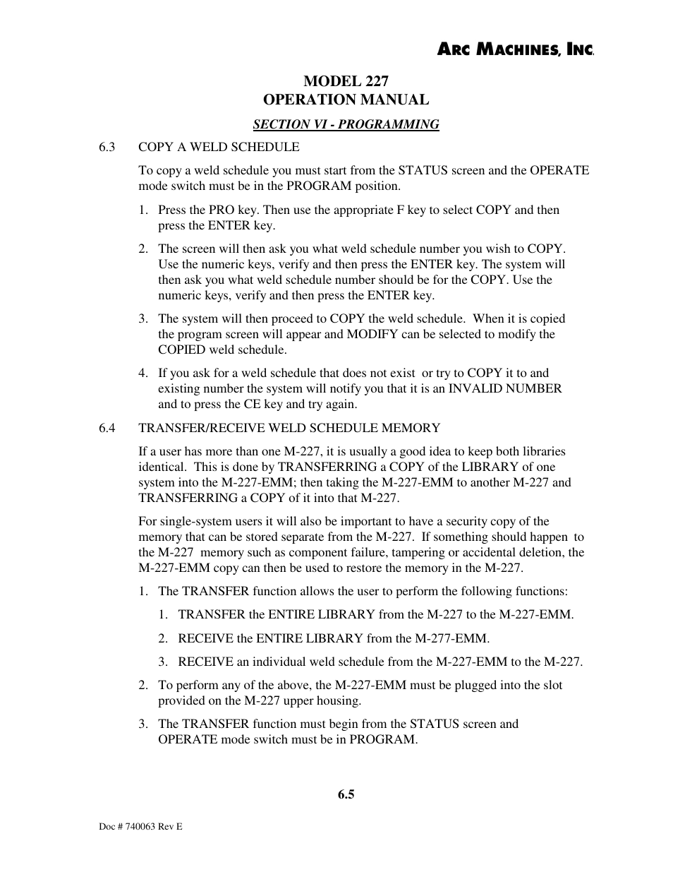 Model 227 operation manual | Arc Machines 227 User Manual | Page 68 / 86