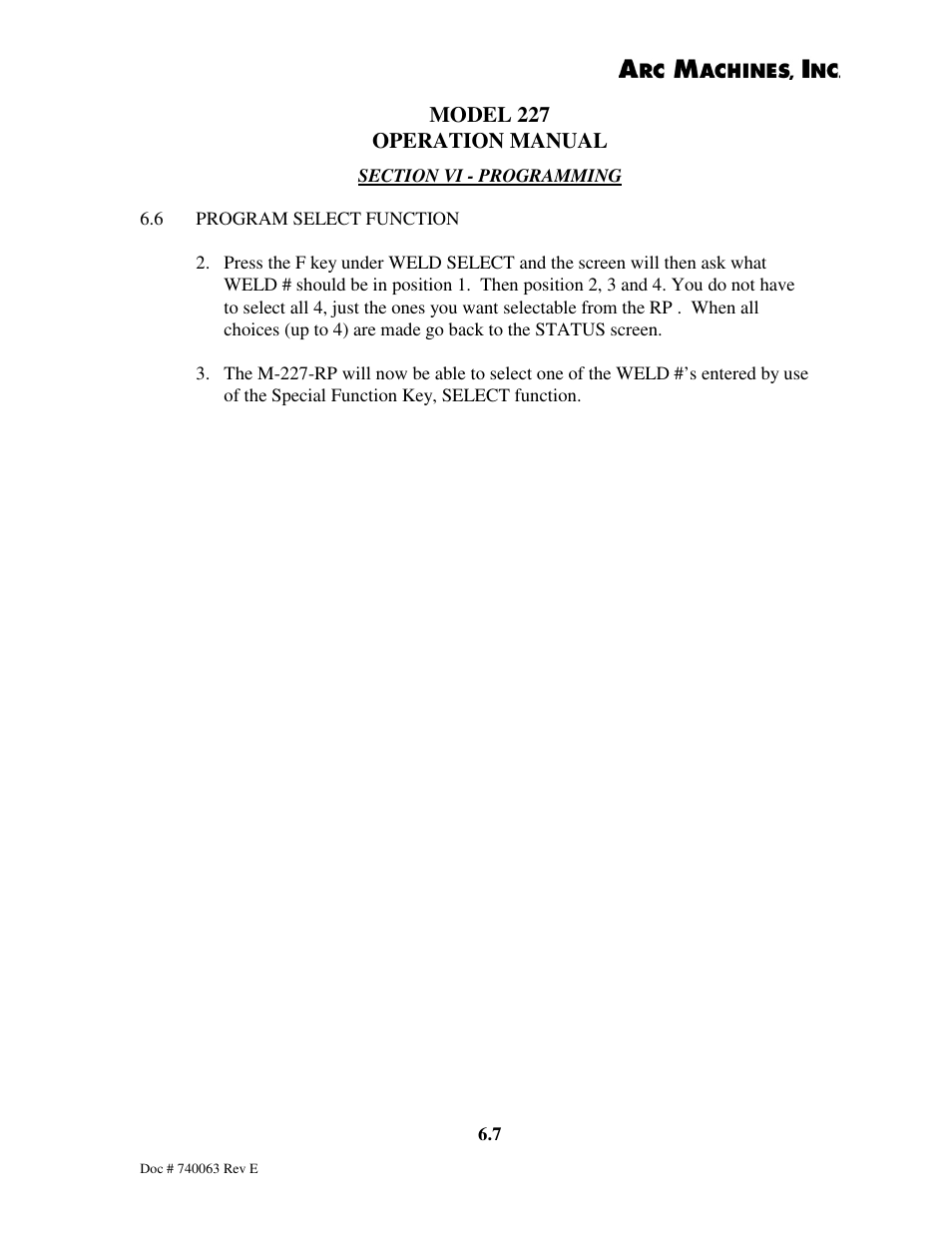 Model 227 operation manual | Arc Machines 227 User Manual | Page 70 / 86