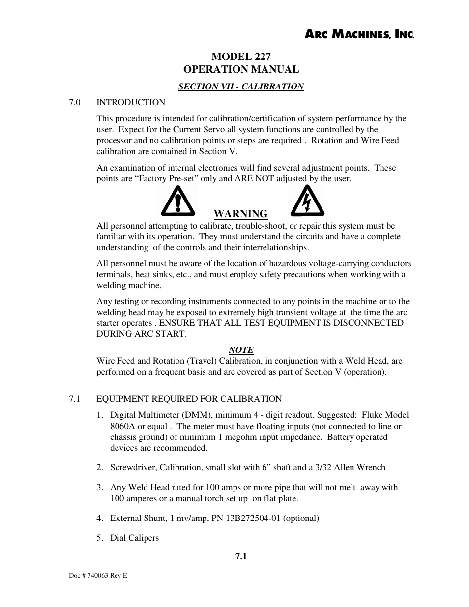 Model 227 operation manual, Warning | Arc Machines 227 User Manual | Page 71 / 86