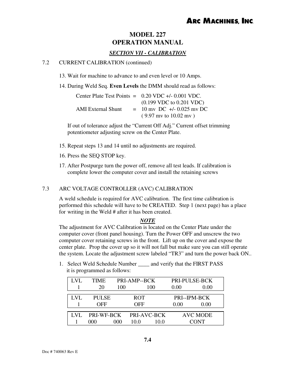 Model 227 operation manual | Arc Machines 227 User Manual | Page 74 / 86