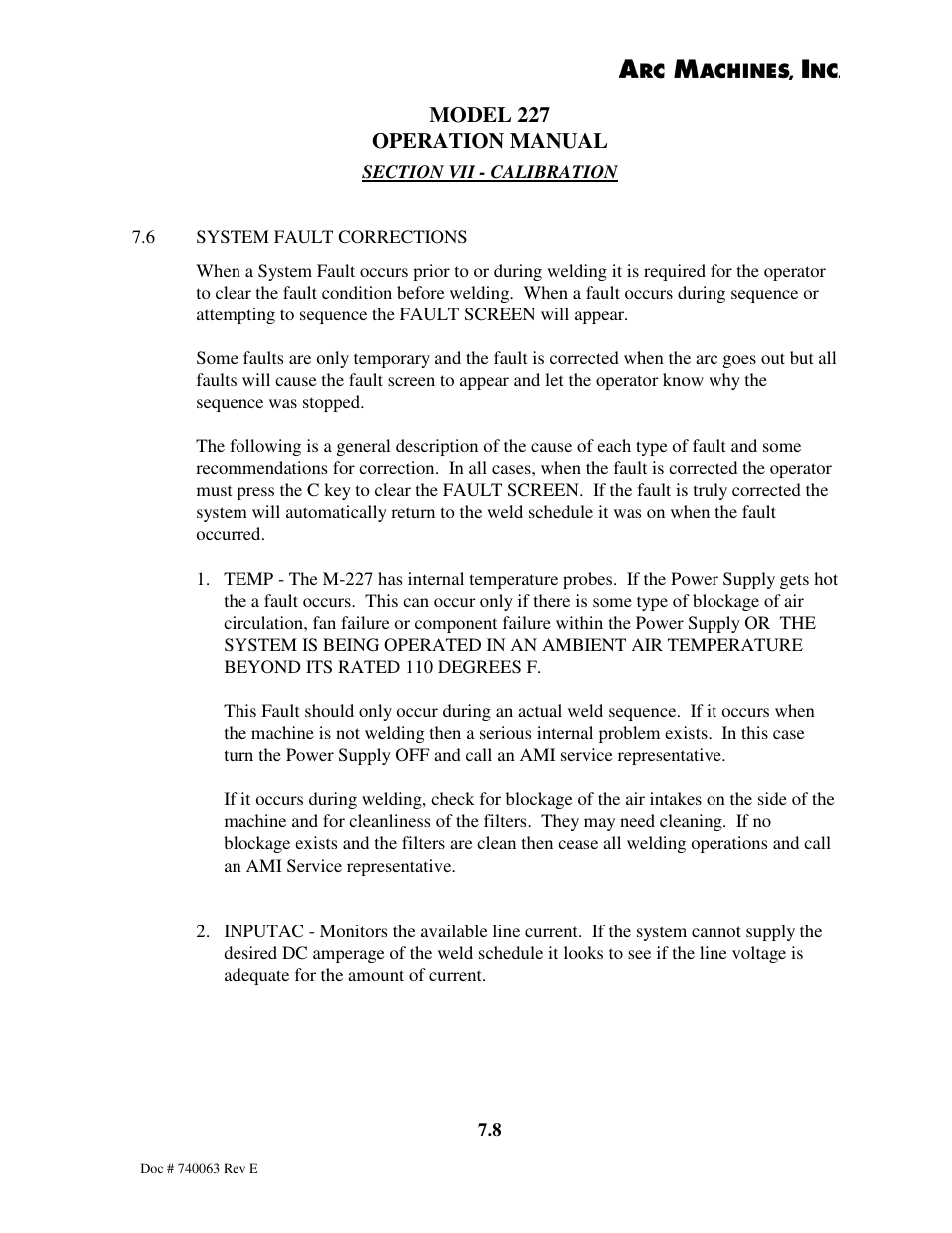 Model 227 operation manual | Arc Machines 227 User Manual | Page 78 / 86