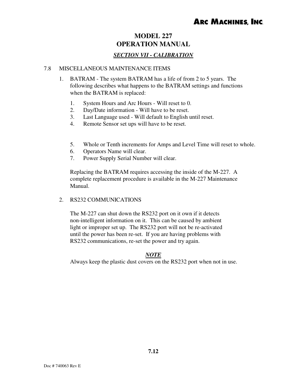 Model 227 operation manual | Arc Machines 227 User Manual | Page 82 / 86