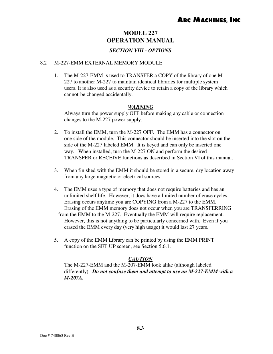 Arc Machines 227 User Manual | Page 85 / 86