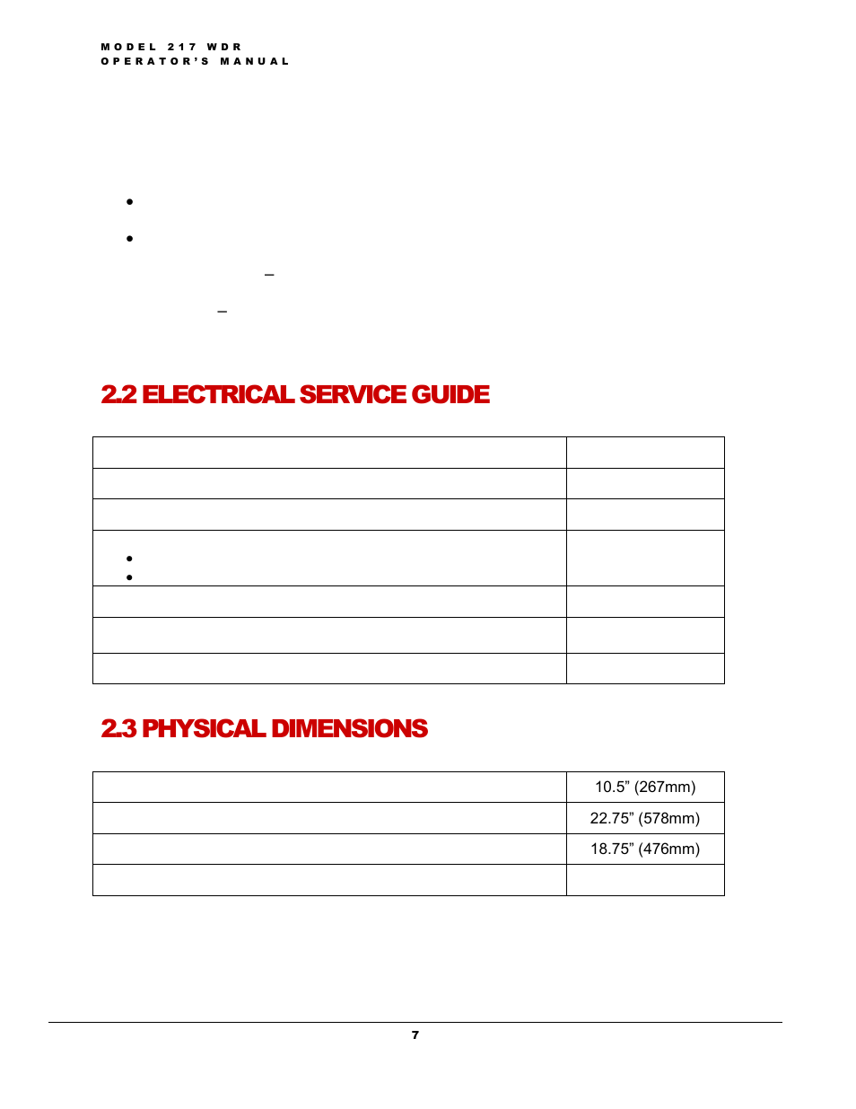 2 electrical service guide, 3 physical dimensions | Arc Machines 217 WDR User Manual | Page 11 / 51