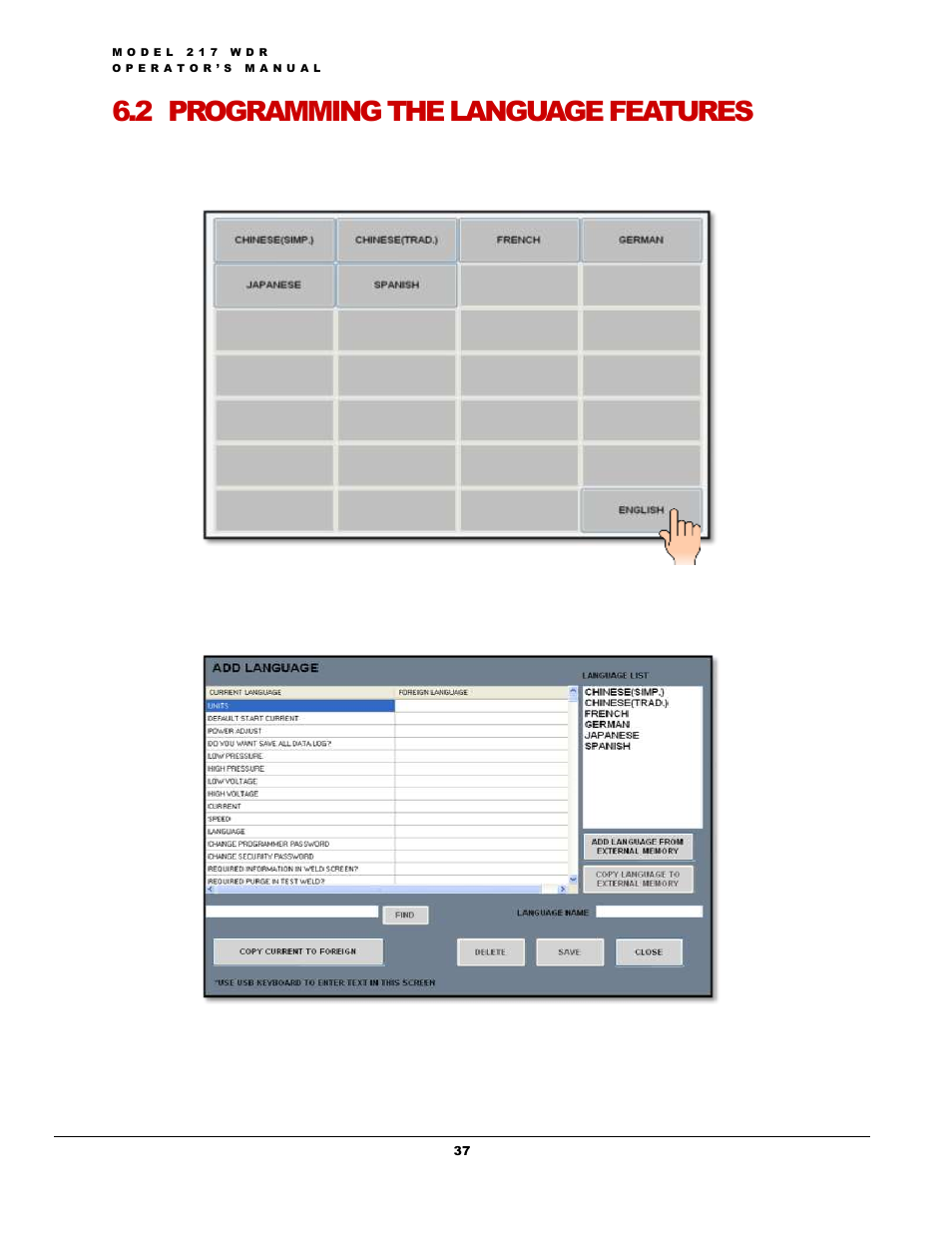 2 programming the language features | Arc Machines 217 WDR User Manual | Page 41 / 51