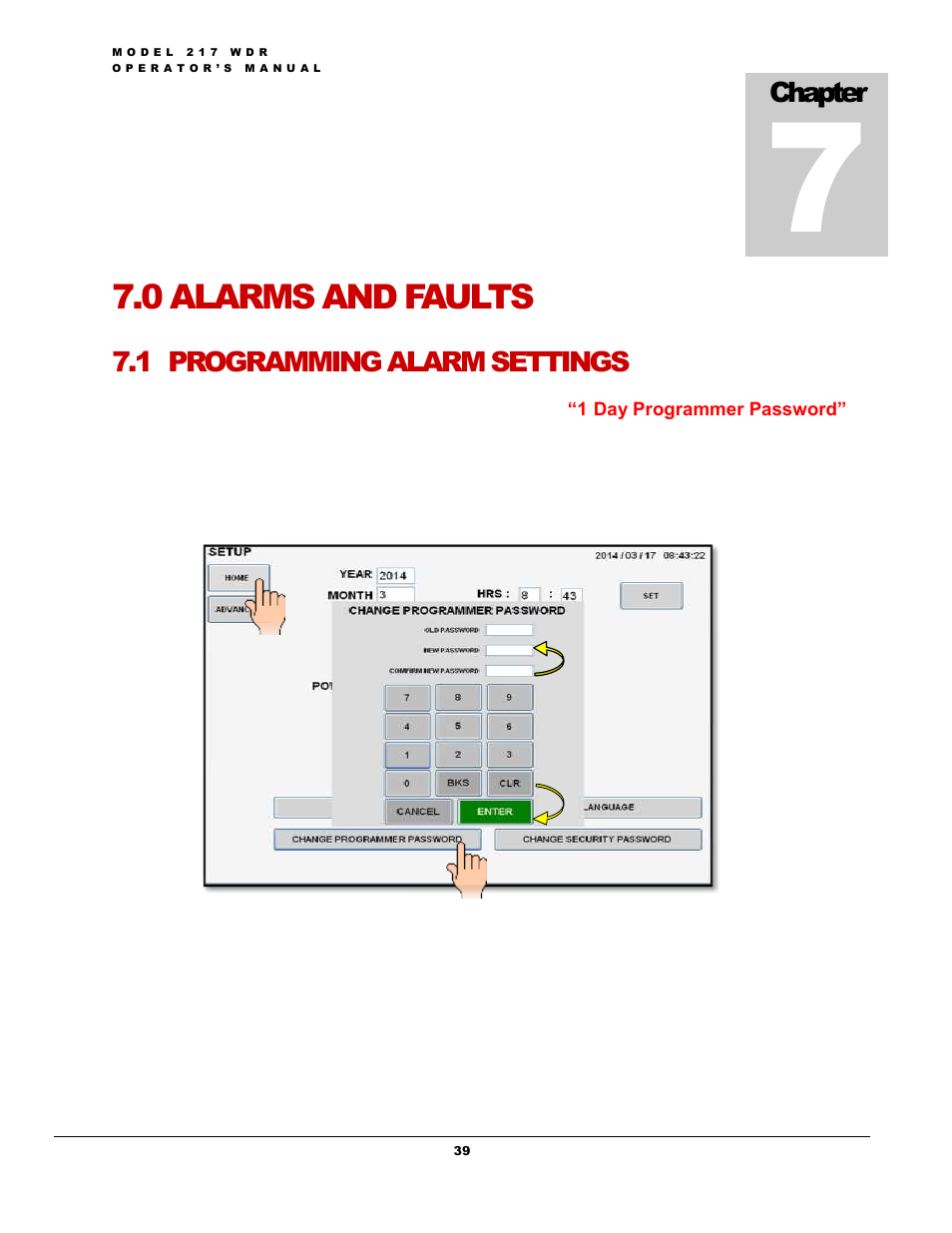 0 alarms and faults, 1 programming alarm settings, Chapter | Arc Machines 217 WDR User Manual | Page 43 / 51